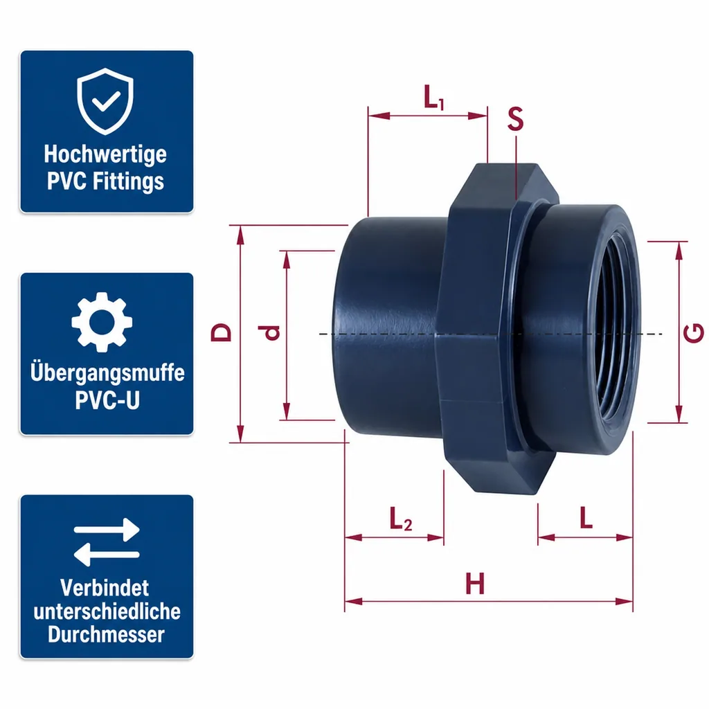 PVC Fittings, Übergangsmuffe, PVC-U 25-20mm x 1/2"