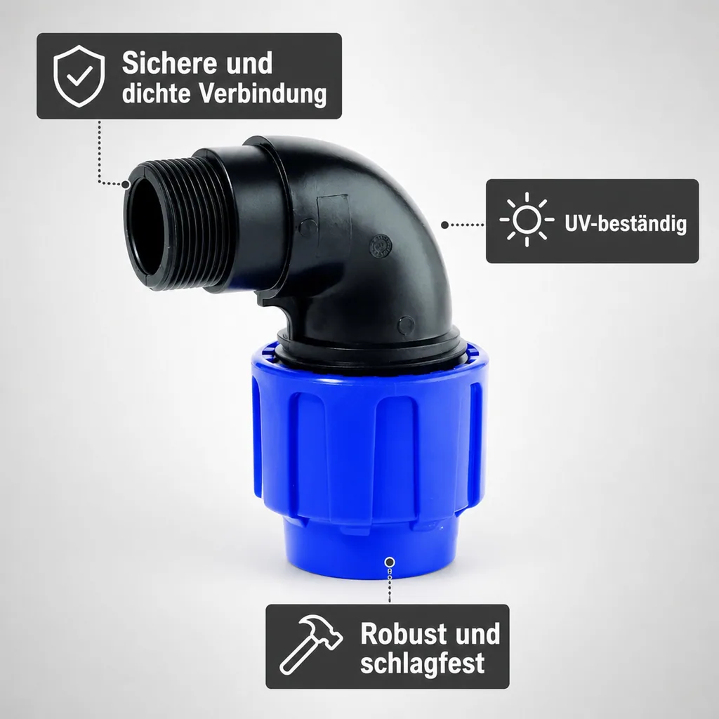 PE Rohranschluss, 90° Bogen, 25mm x 1/2" Kompressionsanschluss, Wasserrohr