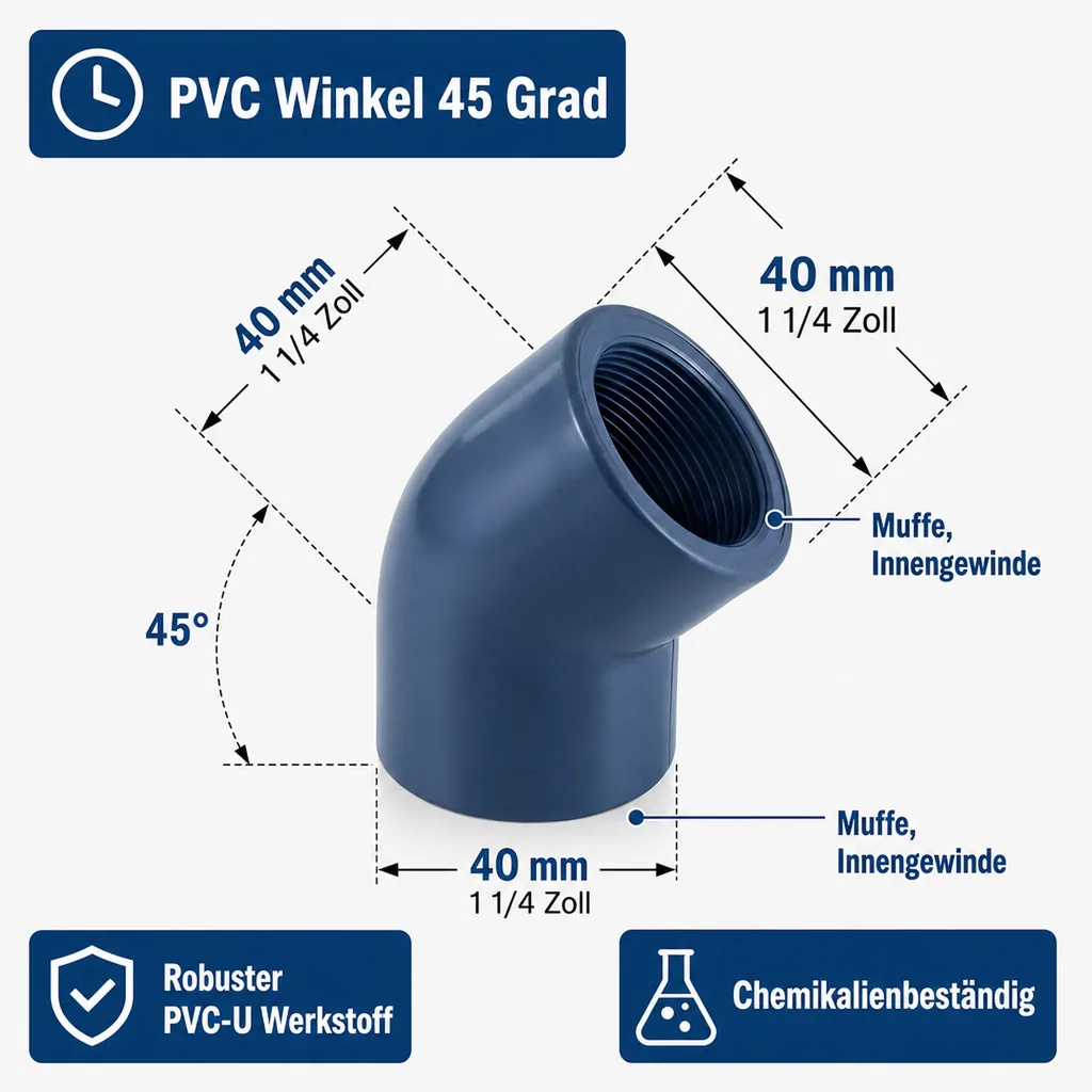 PVC Winkel 45 Grad, Muffe, IG 40 mm, PN10