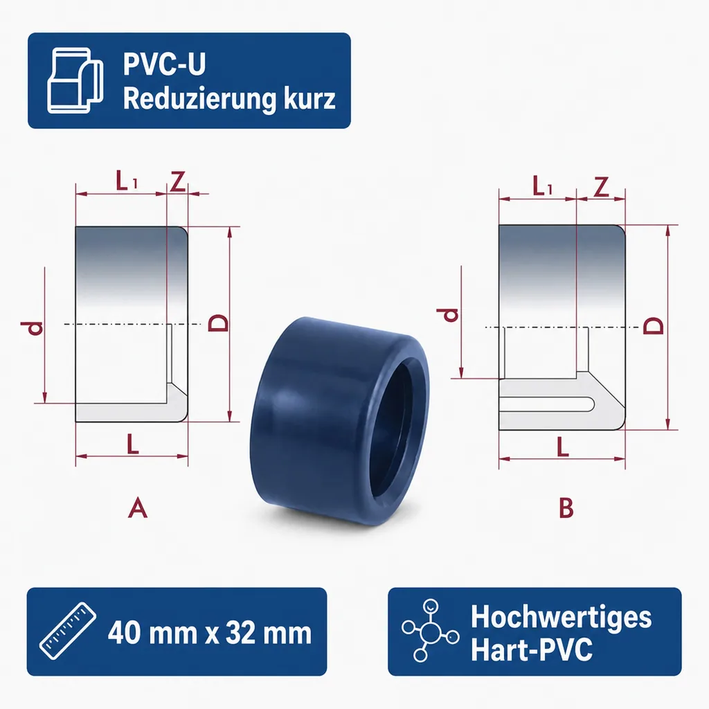 PVC Reduzierung 40 x 32 mm, kurz, PN16, Fitting, Reduzierstück