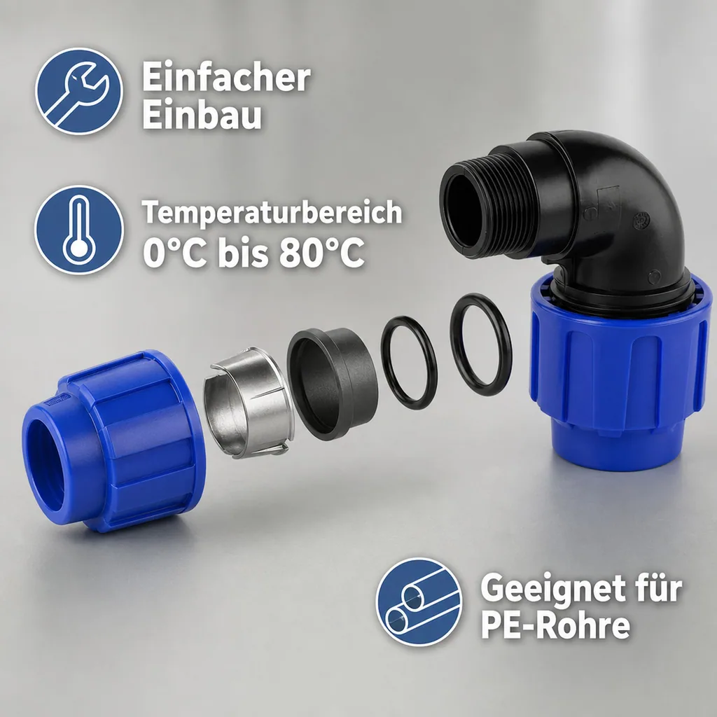 PP PE Rohr Verschraubung 90° Winkel 20 x 3/4" AG