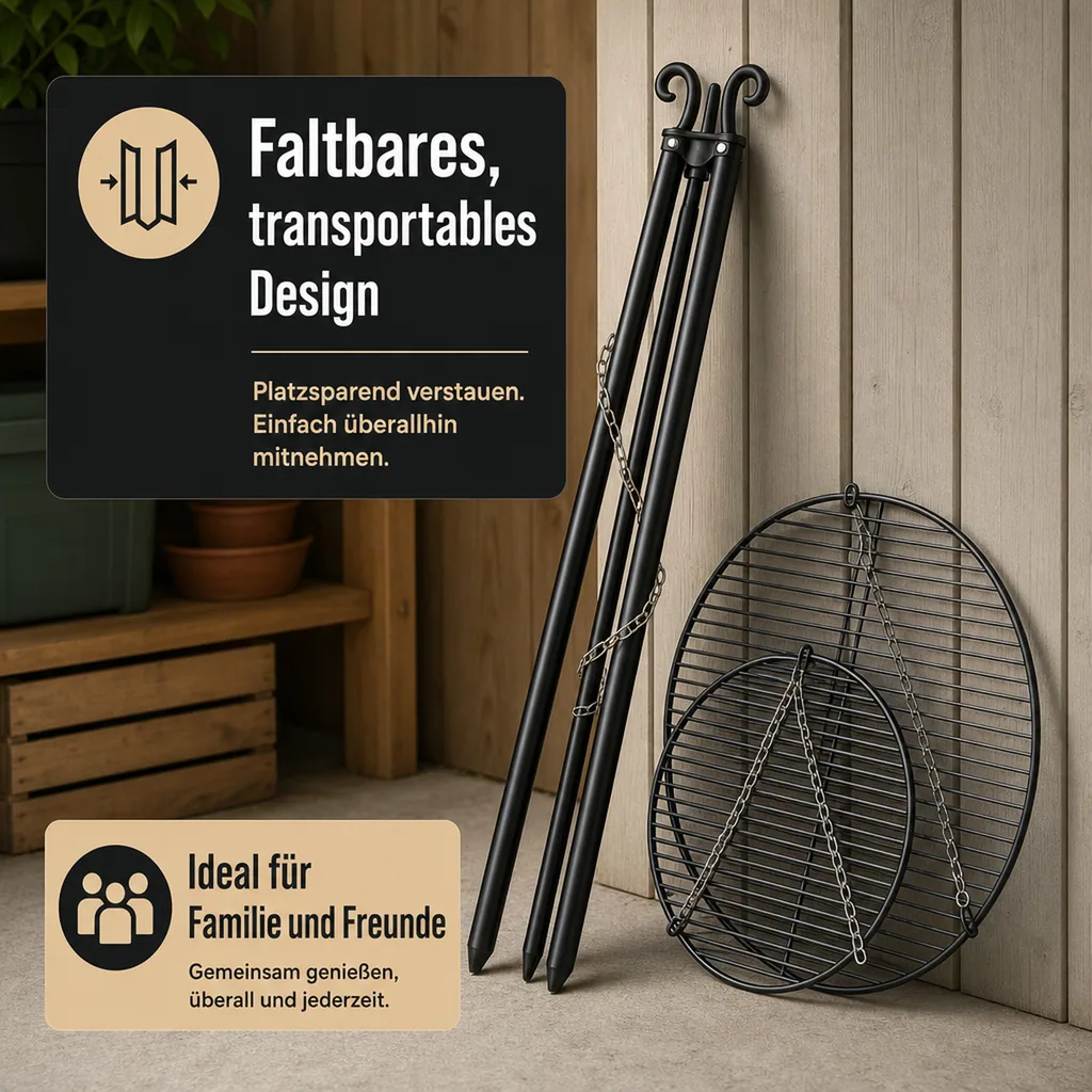 Schwenkgrill Set, Gartengrill Dreibein, 200 cm, Doppelrost 80/40 cm