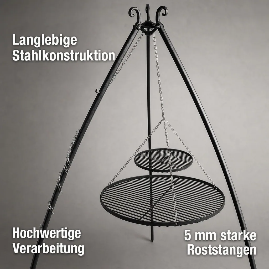 Schwenkgrill Set, Gartengrill Dreibein, 200 cm, Doppelrost 80/40 cm