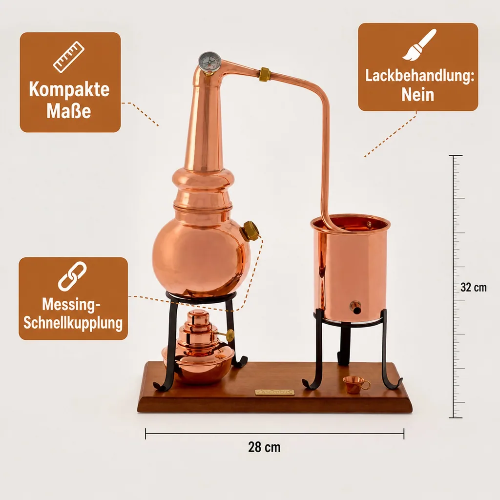Destille, Destilliergerät, Destillationsapparatur - Alembic Whiskey Premium, mit Spiritusbrenner und Thermometer, 0,7L