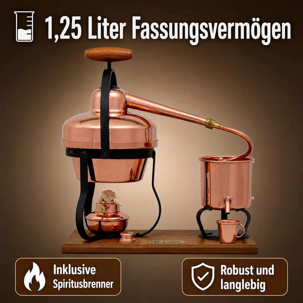 Destille, Destilliergerät, Destillationsapparatur - mit Spiritusbrenner, 1,25L