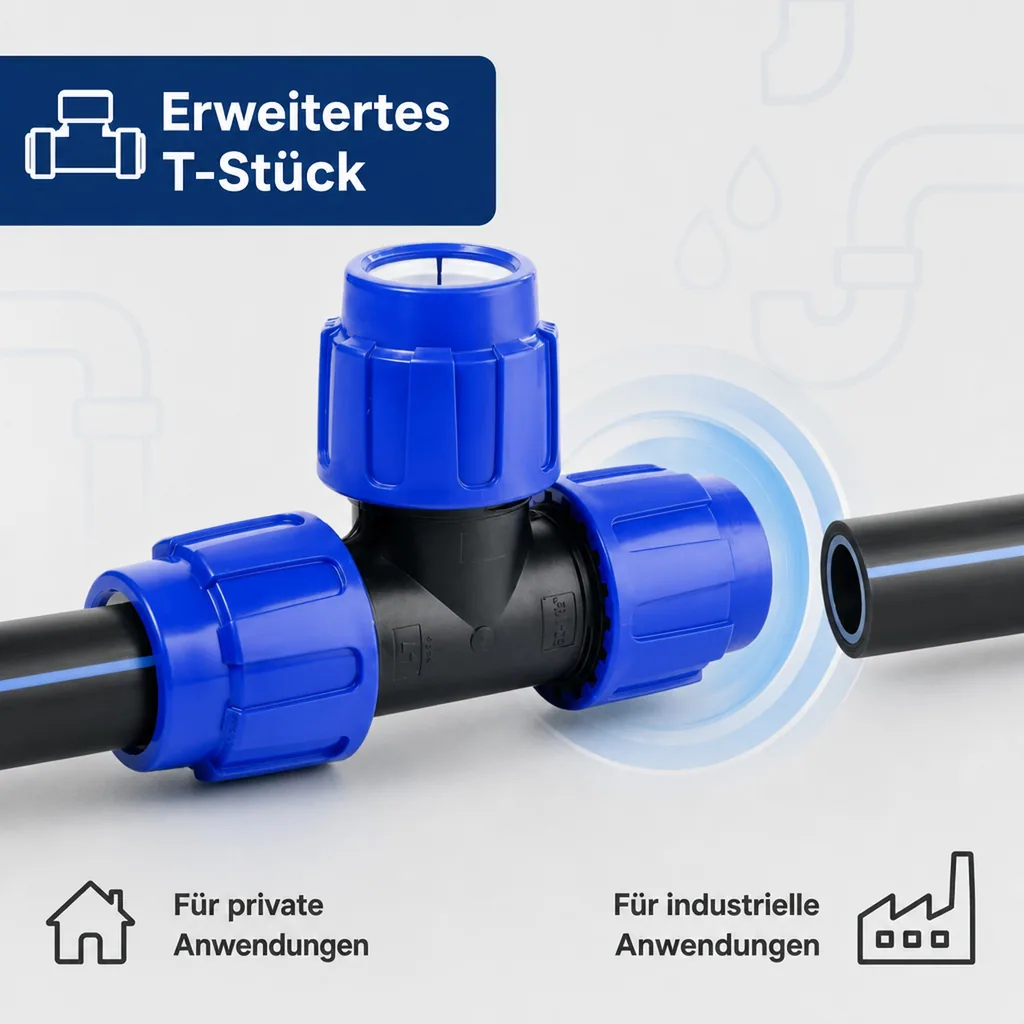 PE Rohr Verschraubung, T-Stück erweitert 20x25x20, Klemmverbinder, Trinkwasser