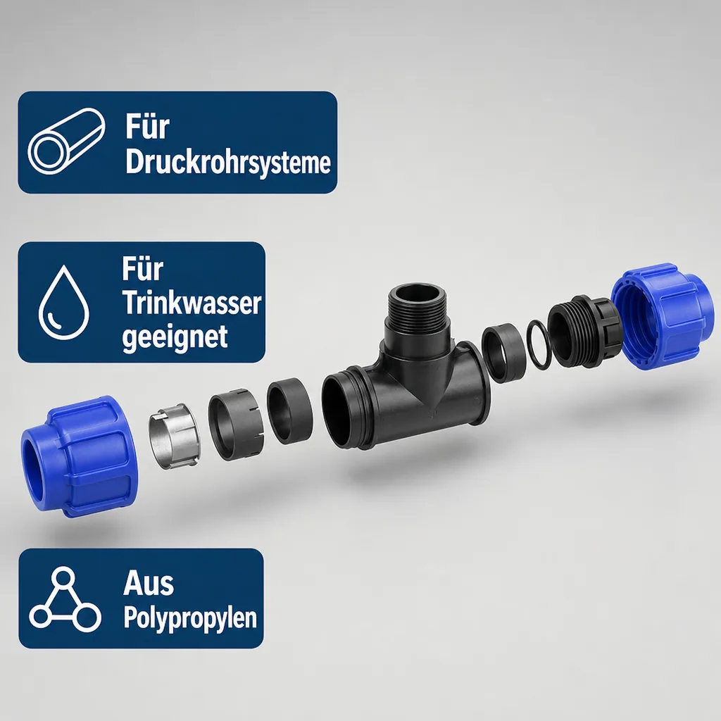 PP PE Rohr Verschraubung T-Stück 20 x 1/2" AG x 20