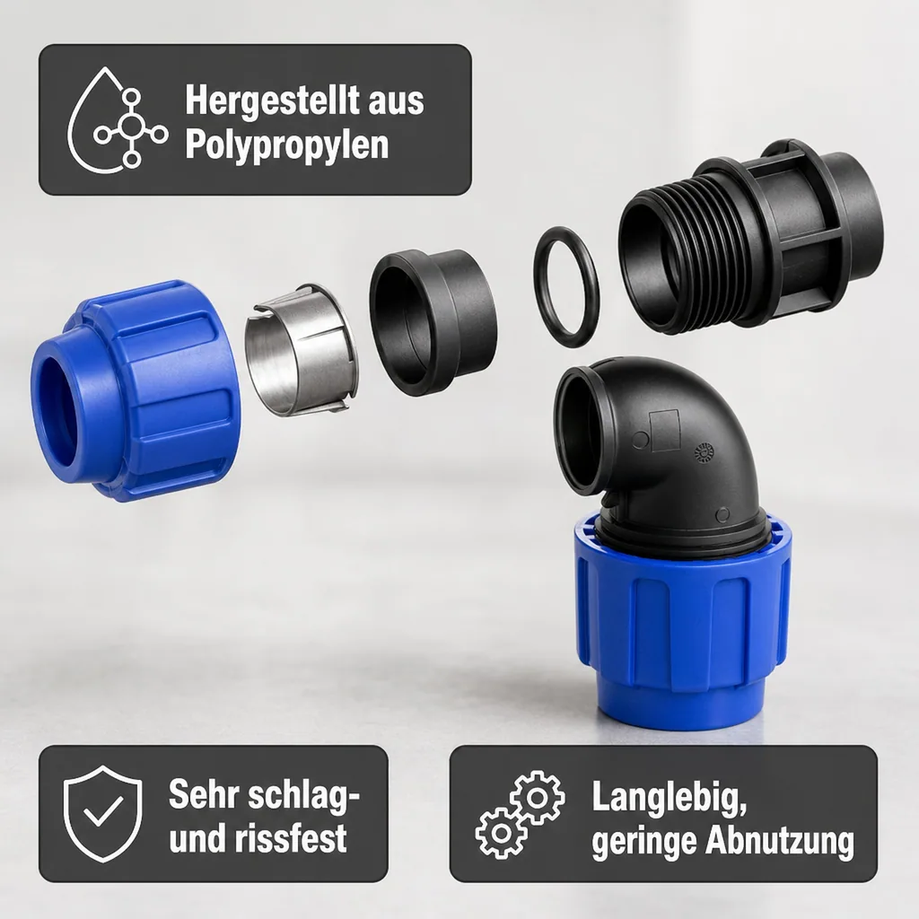 PP PE Rohr Verschraubung 90° Winkel 2 Verschraubungen 40 x 40