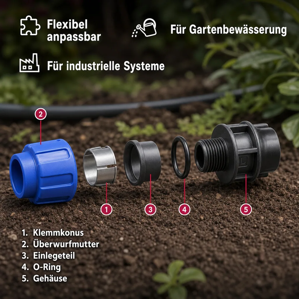 PE Rohr Verschraubung 40mm, Rohrkupplung 1 Zoll, Klemmverschraubung