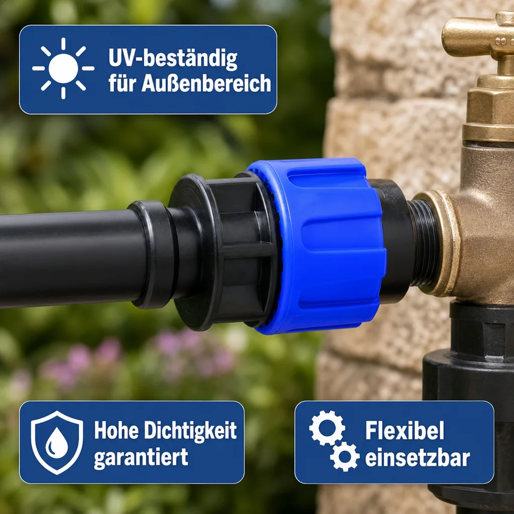 PE Rohr Verschraubung, 32mm x 1 Zoll IG, Klemmfitting für Trinkwasser