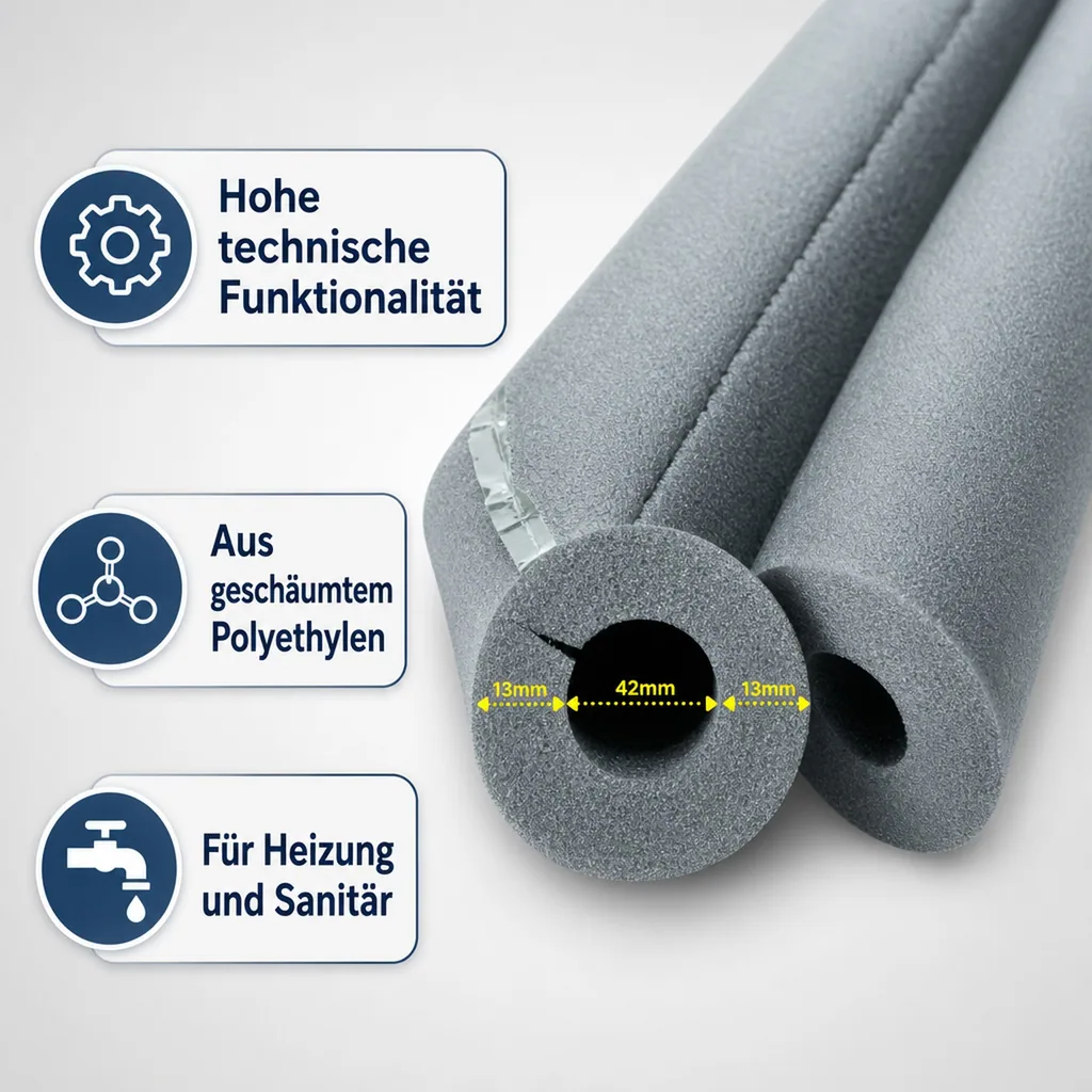 Rohrisolierung, 1 m, 42 mm x 13 mm, selbstklebendes Rohr