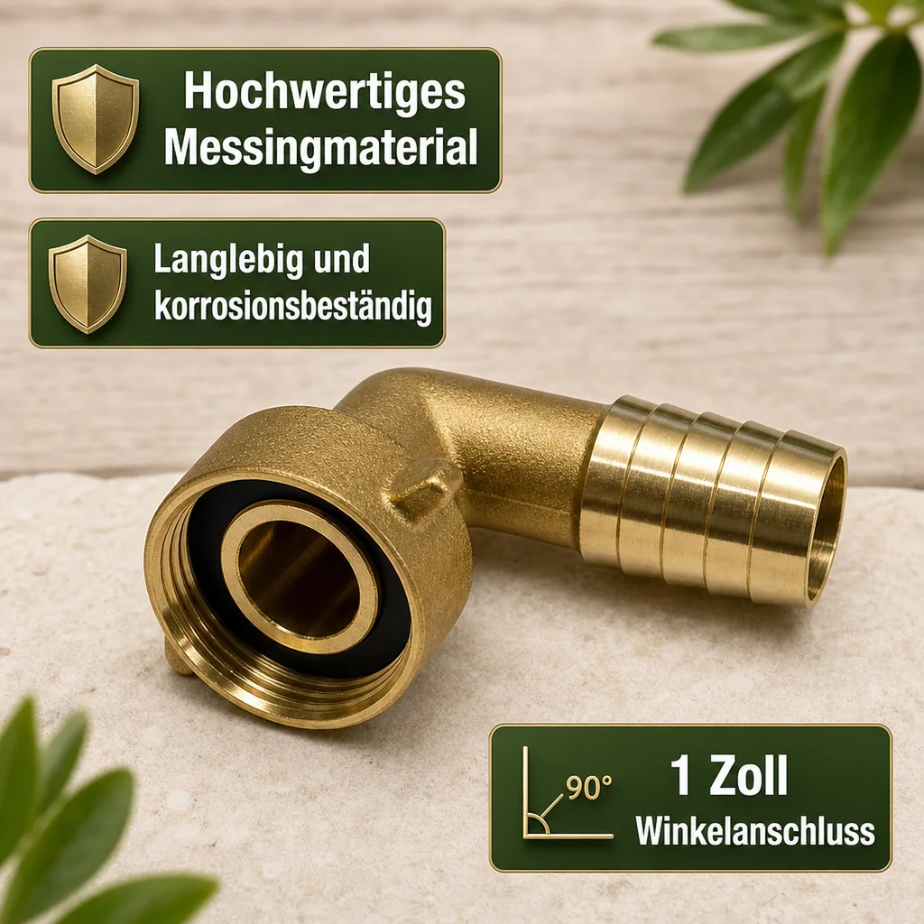 Schlauchverschraubung Messing, 1 Zoll Winkel, 19 mm Schlauchanschluss
