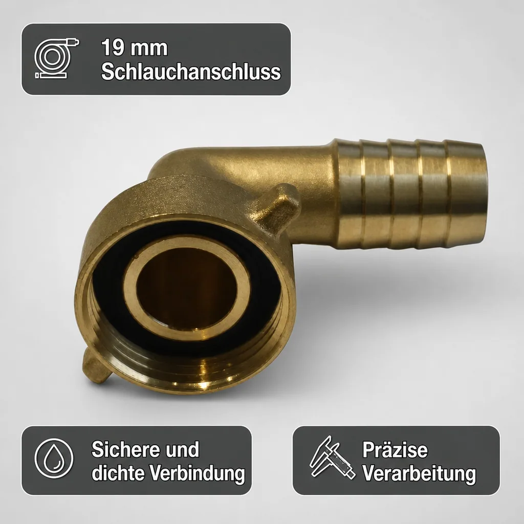 Schlauchverschraubung Messing, 1 Zoll Winkel, 19 mm Schlauchanschluss