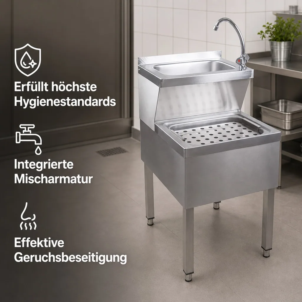 Ausgussbecken, Waschbecken - Edelstahl, mit Mischarmatur und Siphon, für Hygiene & Effizienz