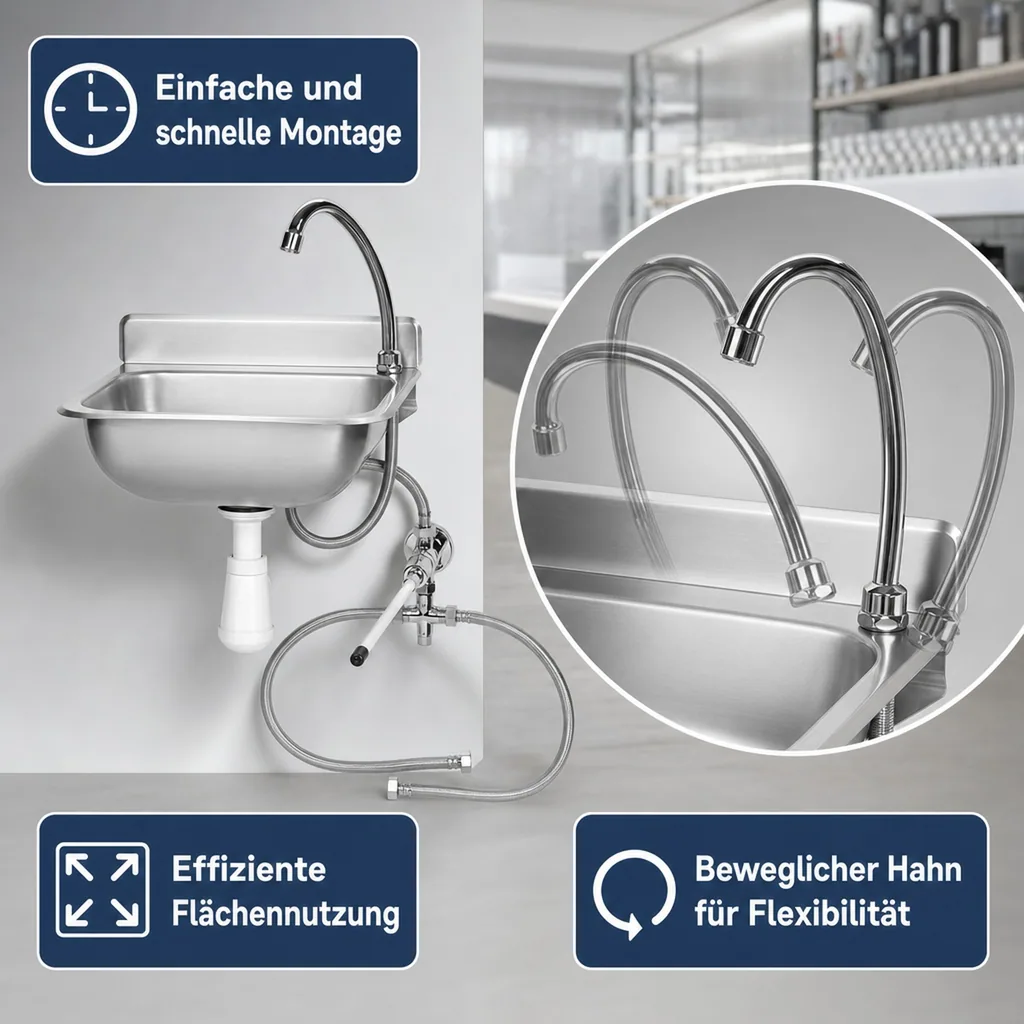 Ausgussbecken, Handwaschbecken Gastro, mit Kniebedienung, Edelstahl, 375x310x190 mm