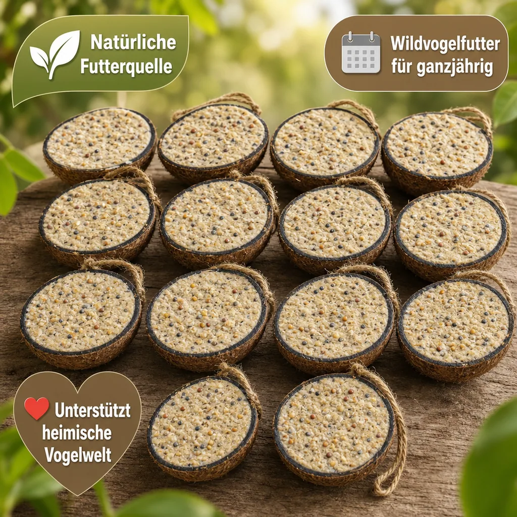 Wildvogelfutter, 12 halbe Kokosnüsse, Vogelfutter ganzjährig
