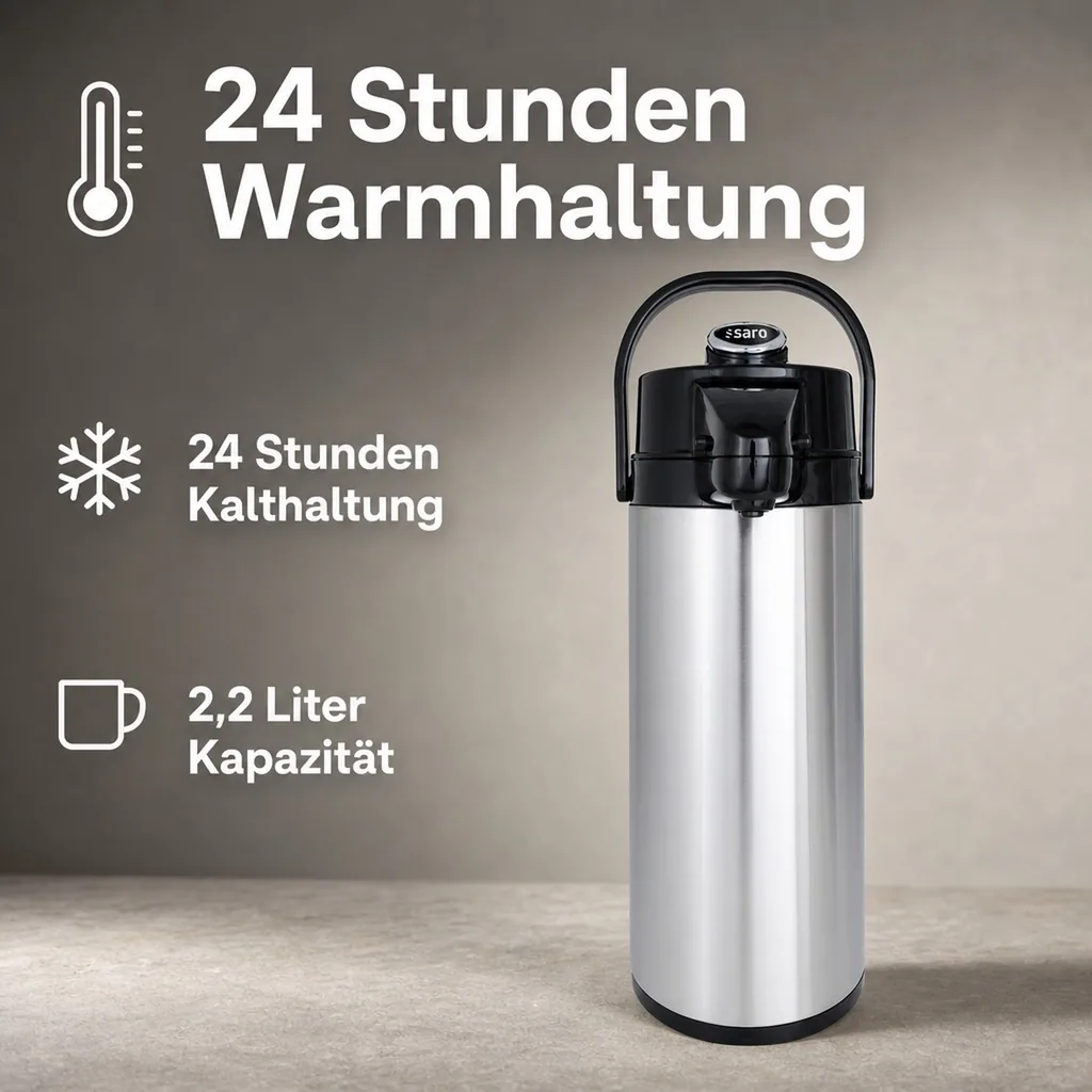 Thermoskanne, Pumpkanne - Glas-Innenleben für 24 Stunden Warm- & Kalthaltung, 2,2L