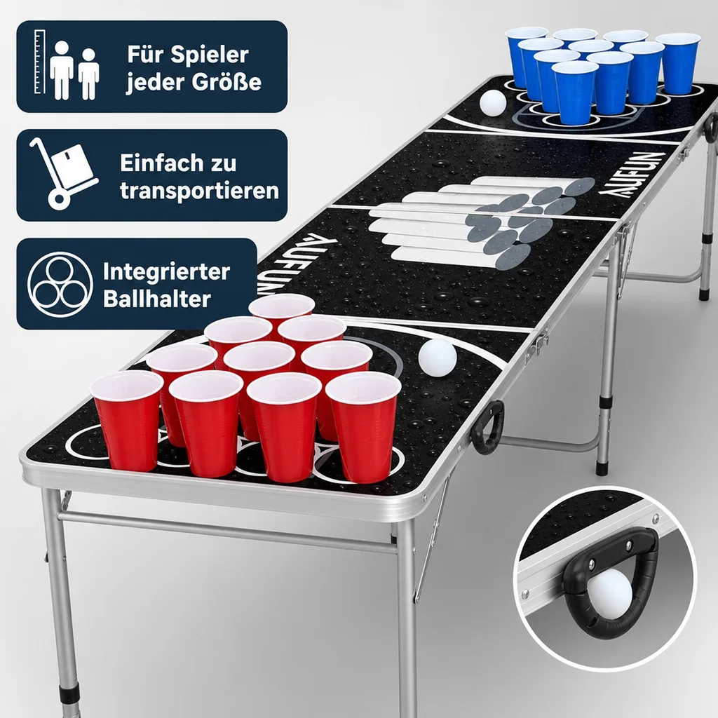 Bierpong Tisch für Partys mit 100 Bechern, 6 Bällen, 242x62 cm schwarz