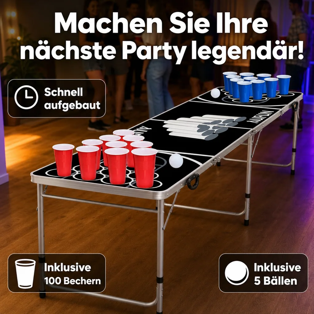 Bierpong Tisch für Partys mit 100 Bechern, 6 Bällen, 242x62 cm schwarz