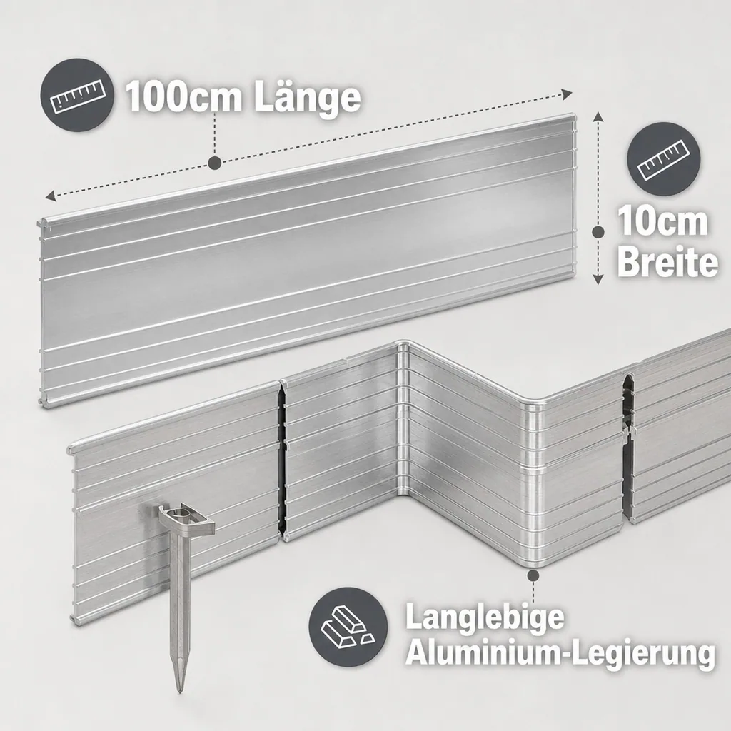 Ultra Starke Alu Rasenkante 10cm x 100cm | Beeteinfassung | Beetumrandung | Beetbegrenzungen, Color-GS: ohne Farbe