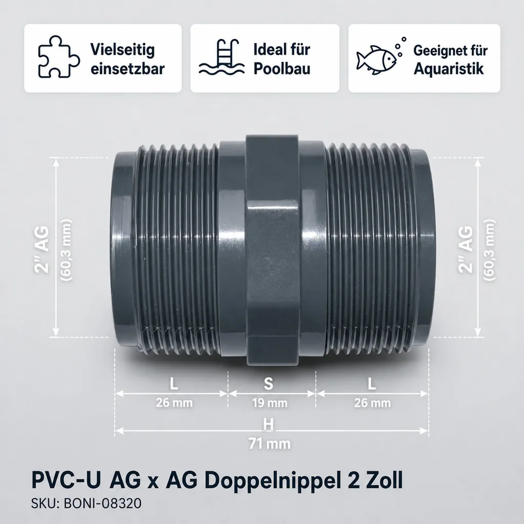 PVC Fittinge, PVC Doppelnippel 2 Zoll, Rohrverbinder
