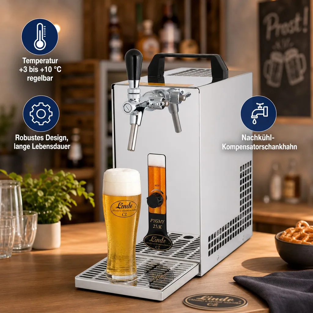 Zapfanlage, Bierzapfanlage PYGMY 25/K mit Membranpumpe, 1-leitig Trockenkühlgerät aus Edelstahl, 35 Liter/h, Green Line