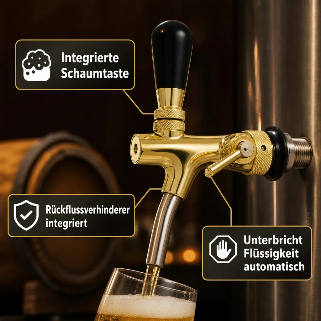 Zapfhahn, Kompensatorhahn, Bierzapfhahn, Schankhahn - selbstschließend, gold, Gewindelänge: 55 mm