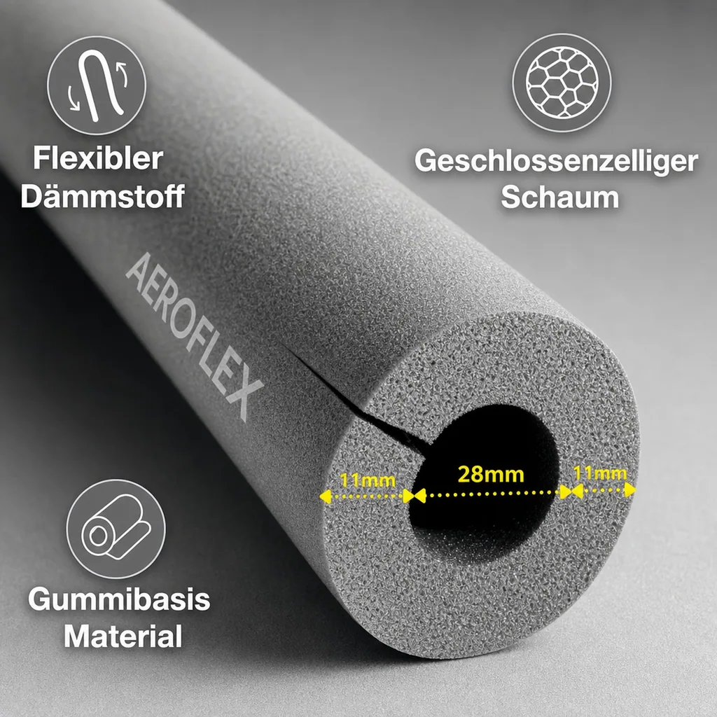 AEROFLEX® SH XT Rohrisolierung, Rohrdämmung - 2 m, selbstklebend, flexibles Dämmmaterial aus geschlossenzelligem Schaumkautschuk, schwarz - 28 x 10 mm