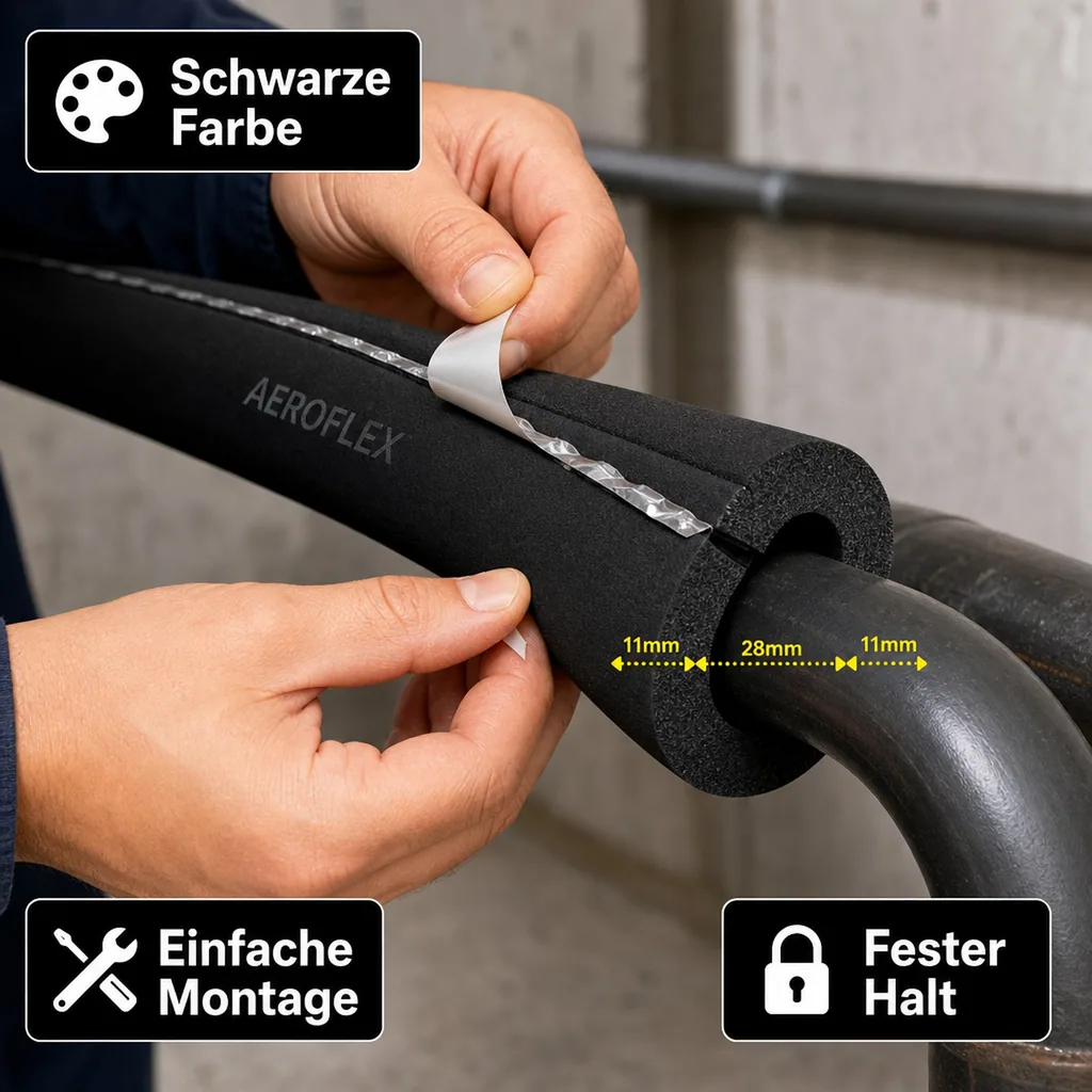 AEROFLEX® SH XT Rohrisolierung, Rohrdämmung - 2 m, selbstklebend, flexibles Dämmmaterial aus geschlossenzelligem Schaumkautschuk, schwarz - 28 x 10 mm