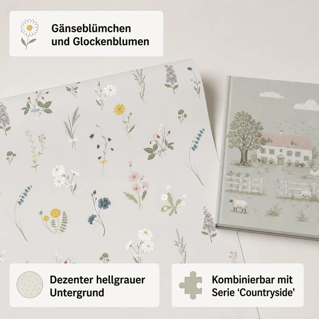 Lilipinso Vlies Tapete Wildblumenblüten grau pastell