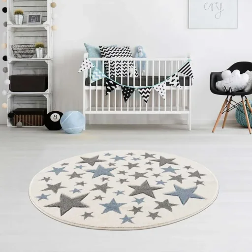 Livone Teppich Stella Sterne blau grau rund, Teppichgrösse: Ø 133 cm