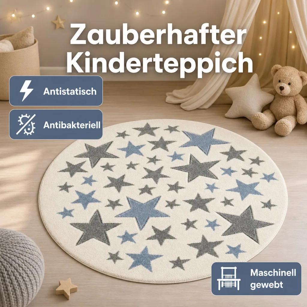 Livone Teppich Stella Sterne blau grau rund, Teppichgrösse: Ø 133 cm