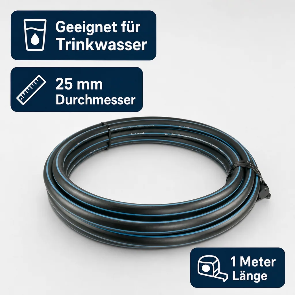 PE80 Rohr, 25mm Wasserrohr, PE Druckrohr, 1m, Schwarz/Blau