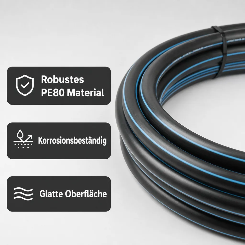 PE80 Rohr, 25mm Wasserrohr, PE Druckrohr, 1m, Schwarz/Blau