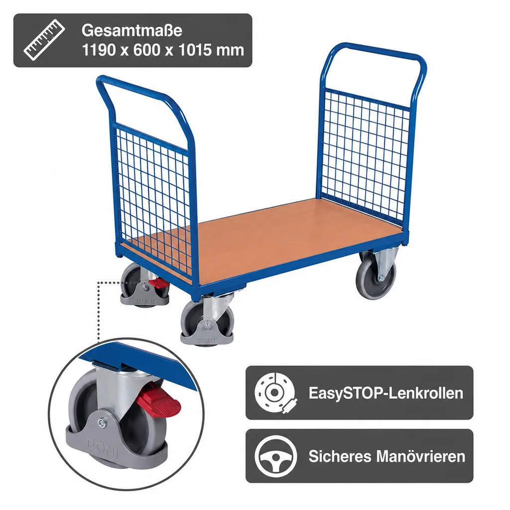 Drahtgitterwagen, Stirnwandwagen 500 kg, EasySTOP, pulverbeschichtet