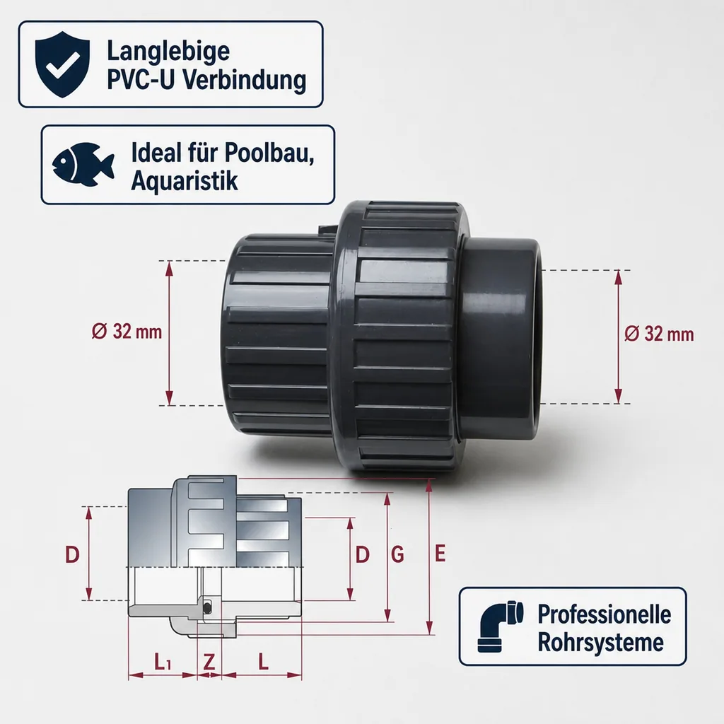 PVC-U Verschraubung Klebemuffe x Klebemuffe 32 mm