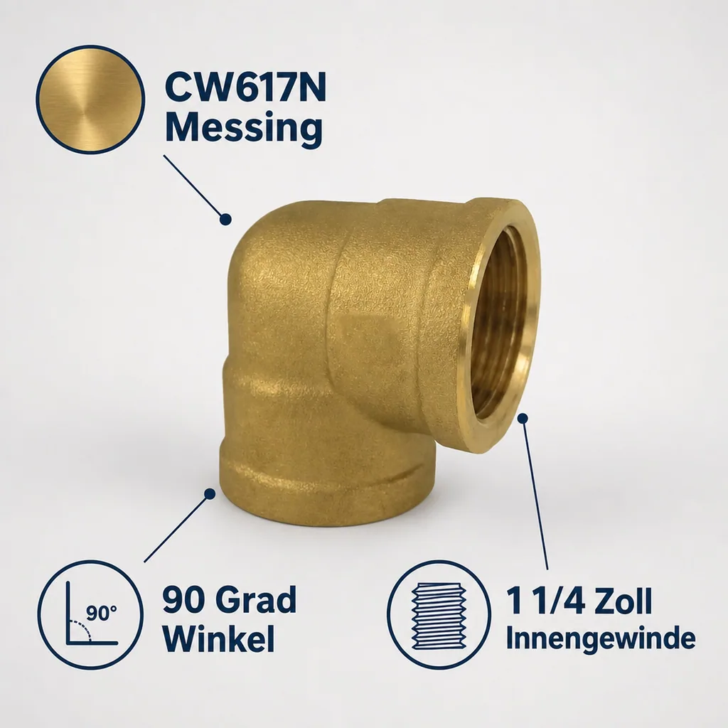 Messing Winkel 90 Grad, Gewindefitting, 1 1/4 Zoll IG