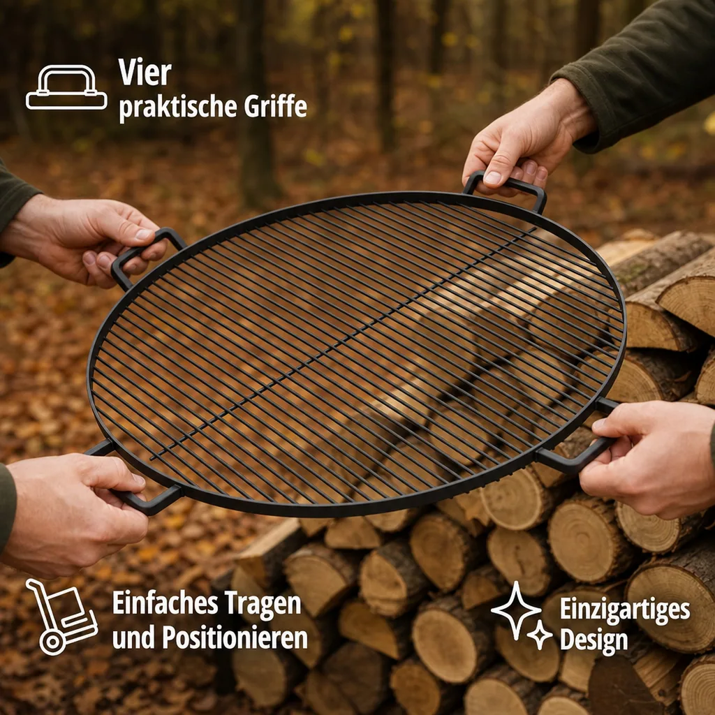 Grillrost 80 cm, Feuerstelle, runder Grillrost Stahl, mit Griffen