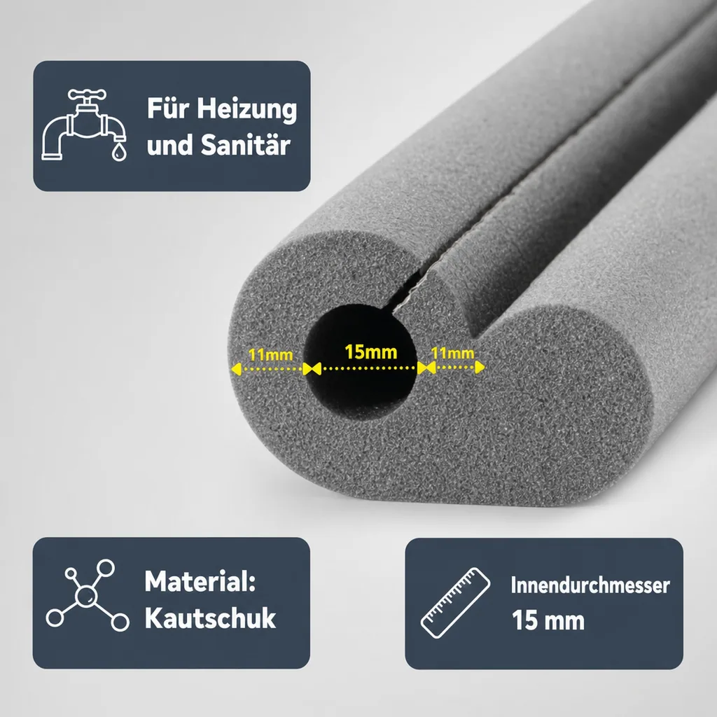 Rohrisolierung Kautschuk, selbstklebend, 2m, Ø 15 mm, Heizung, Sanitär