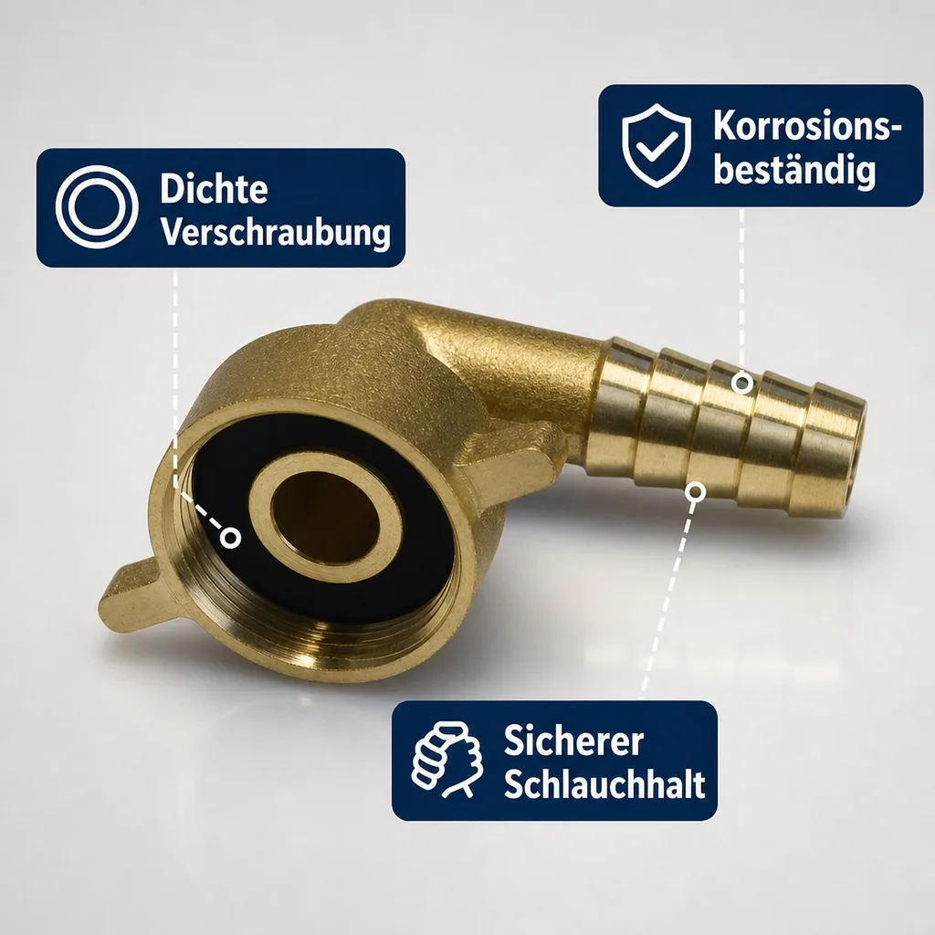 Schlauchverschraubung Messing, 3/4 Zoll Winkel, 13 mm Schlauchanschluss