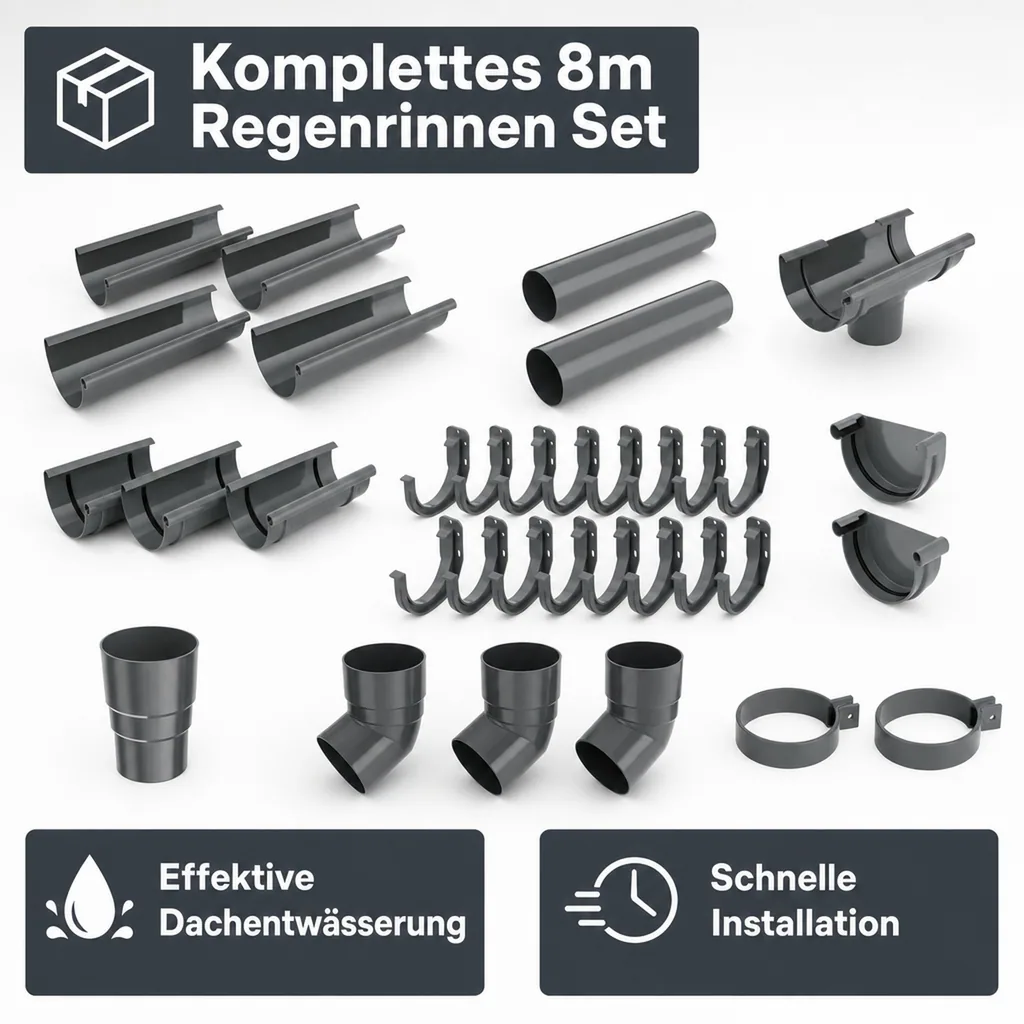 Regenrinne Set 8m graphit, komplettes Dachrinnen System 100