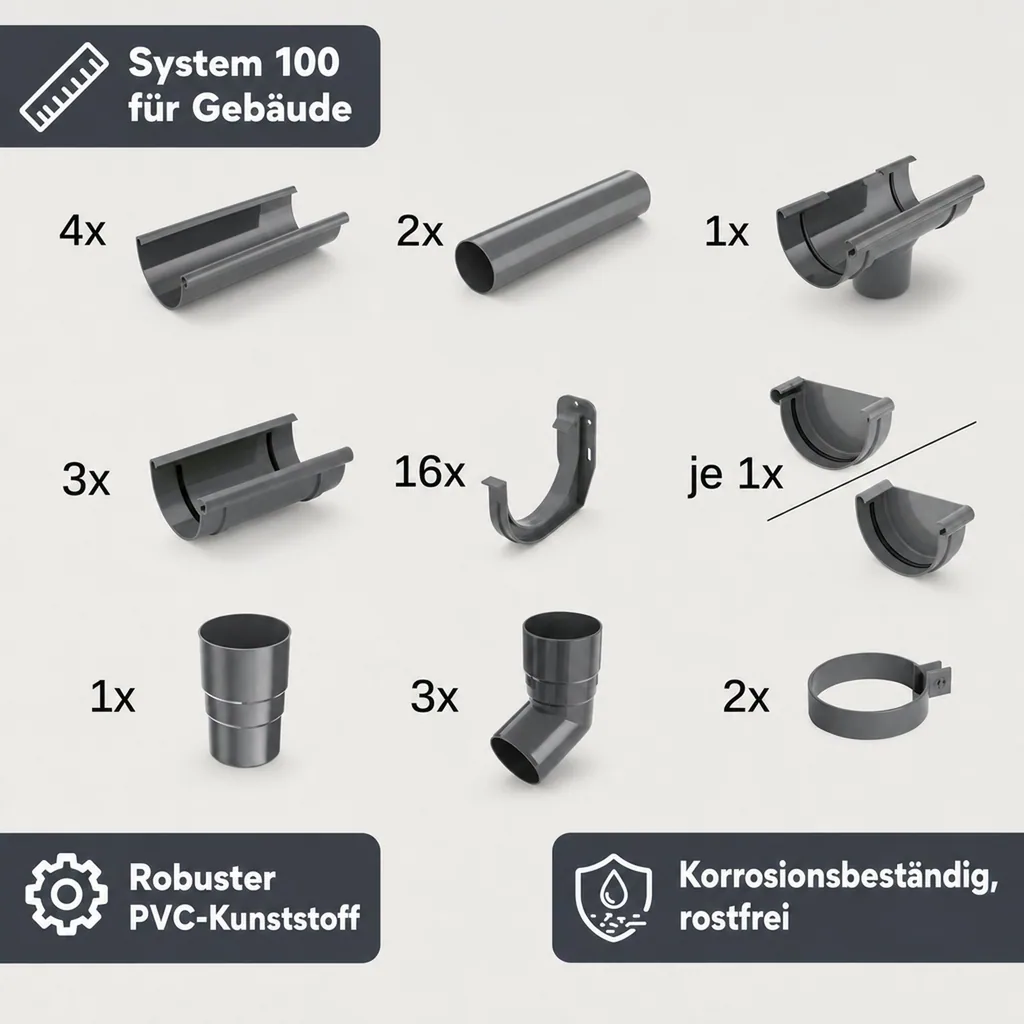 Regenrinne Set 8m graphit, komplettes Dachrinnen System 100