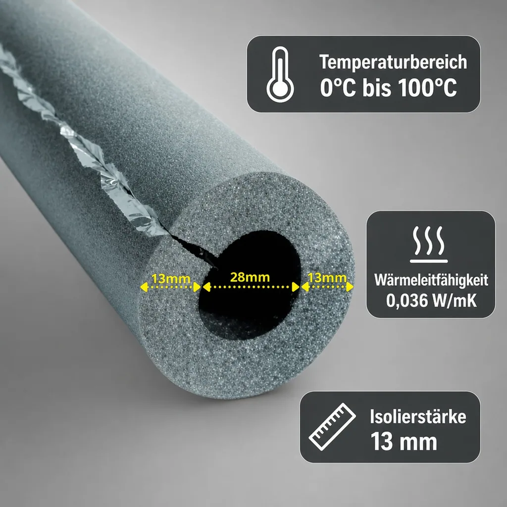 Rohrisolierung, 28mm x 13mm, 1m Isolierschlauch, selbstklebend