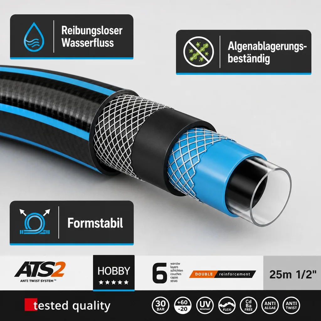 Gartenschlauch 1/2 Zoll 50m, Premium, Flexibel und Lebensmittelgeeignet