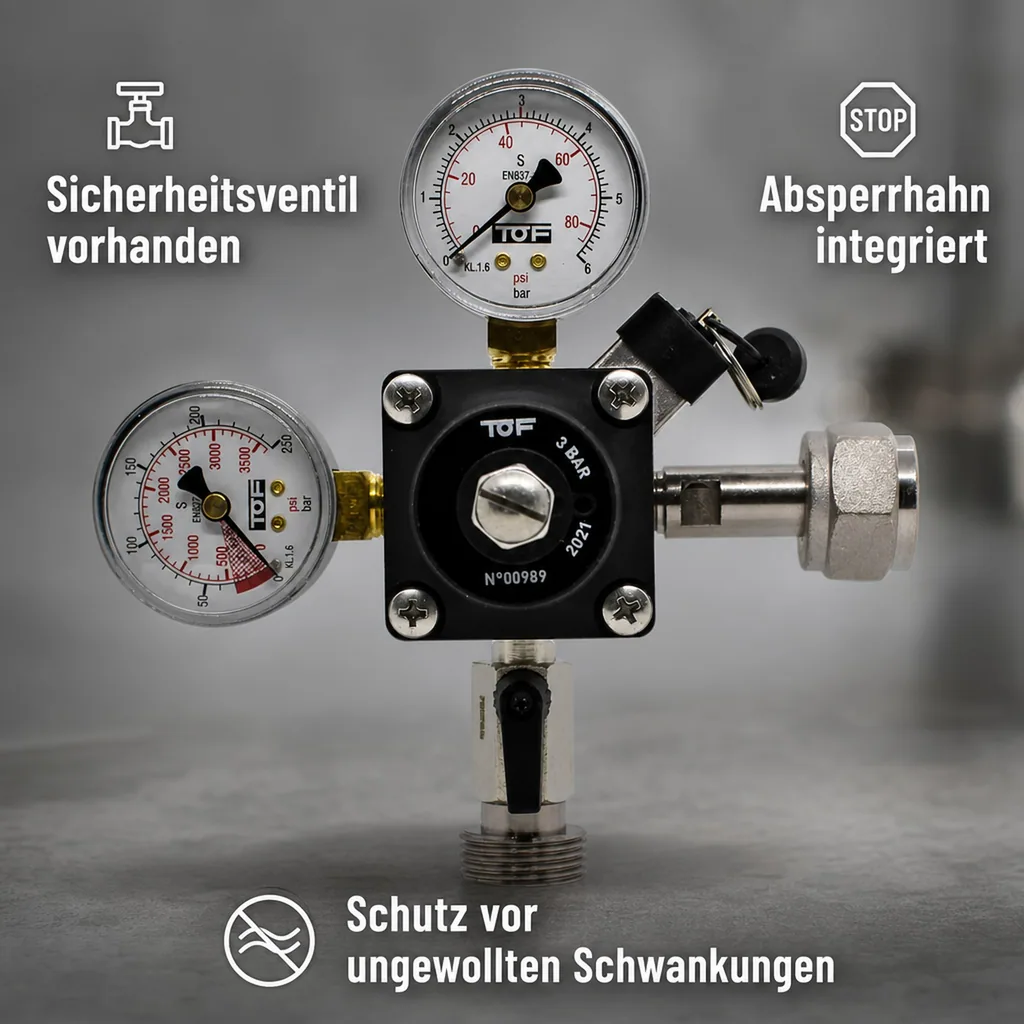 Druckminderer, Druckregler, Druckreduzierventil - CO2 für Bier Zapfanlage 3 bar, 1-leitig
