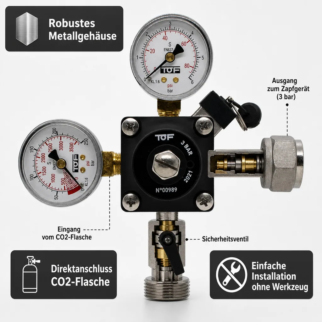 Druckminderer, Druckregler, Druckreduzierventil - CO2 für Bier Zapfanlage 3 bar, 1-leitig
