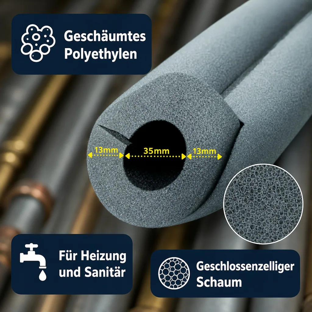 Rohrisolierung, 1m Isolierrohr, Ø 35 mm x 13 mm, Selbstklebend