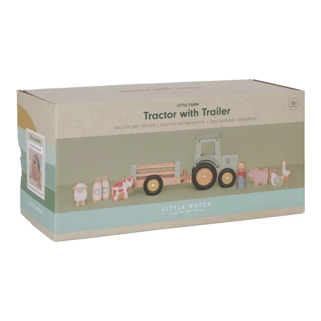 Little Dutch Spielzeug Traktor mit Anhänger Little Farm, 30x12x14,5