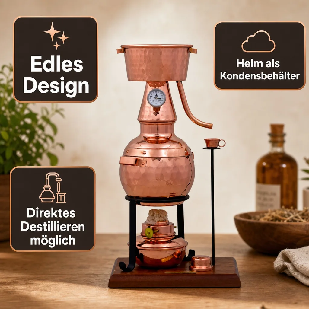 Destille, Destilliergerät, Destillationsapparatur - Alquitar Premium mit Spiritusbrenner und Thermometer, 0,7L
