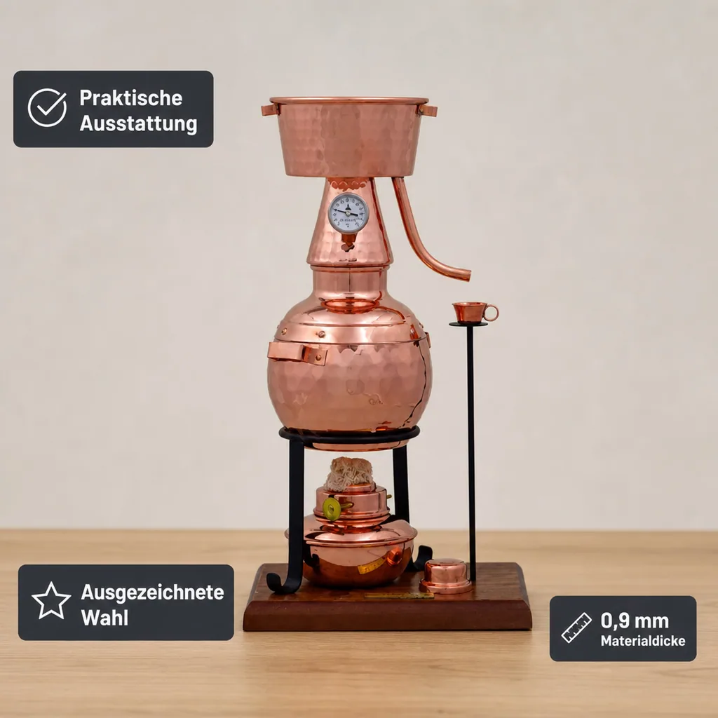 Destille, Destilliergerät, Destillationsapparatur - Alquitar Premium mit Spiritusbrenner und Thermometer, 0,7L